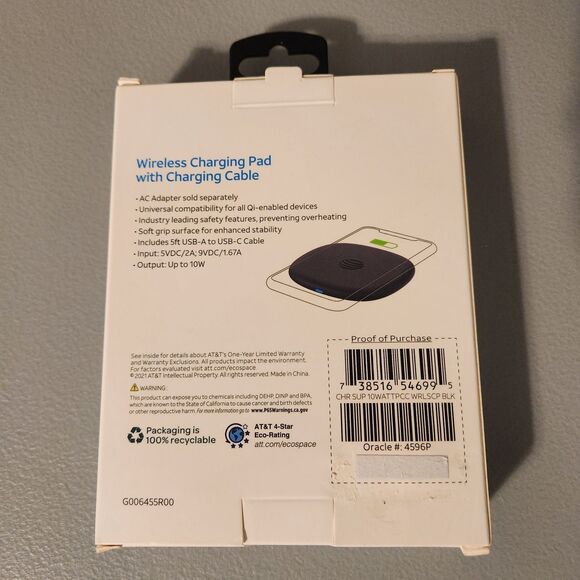 AT&T 10W Fast Charge Wireless Charging Pad With USB-A to USB-C Cable Qi Black - Picture 2 of 6